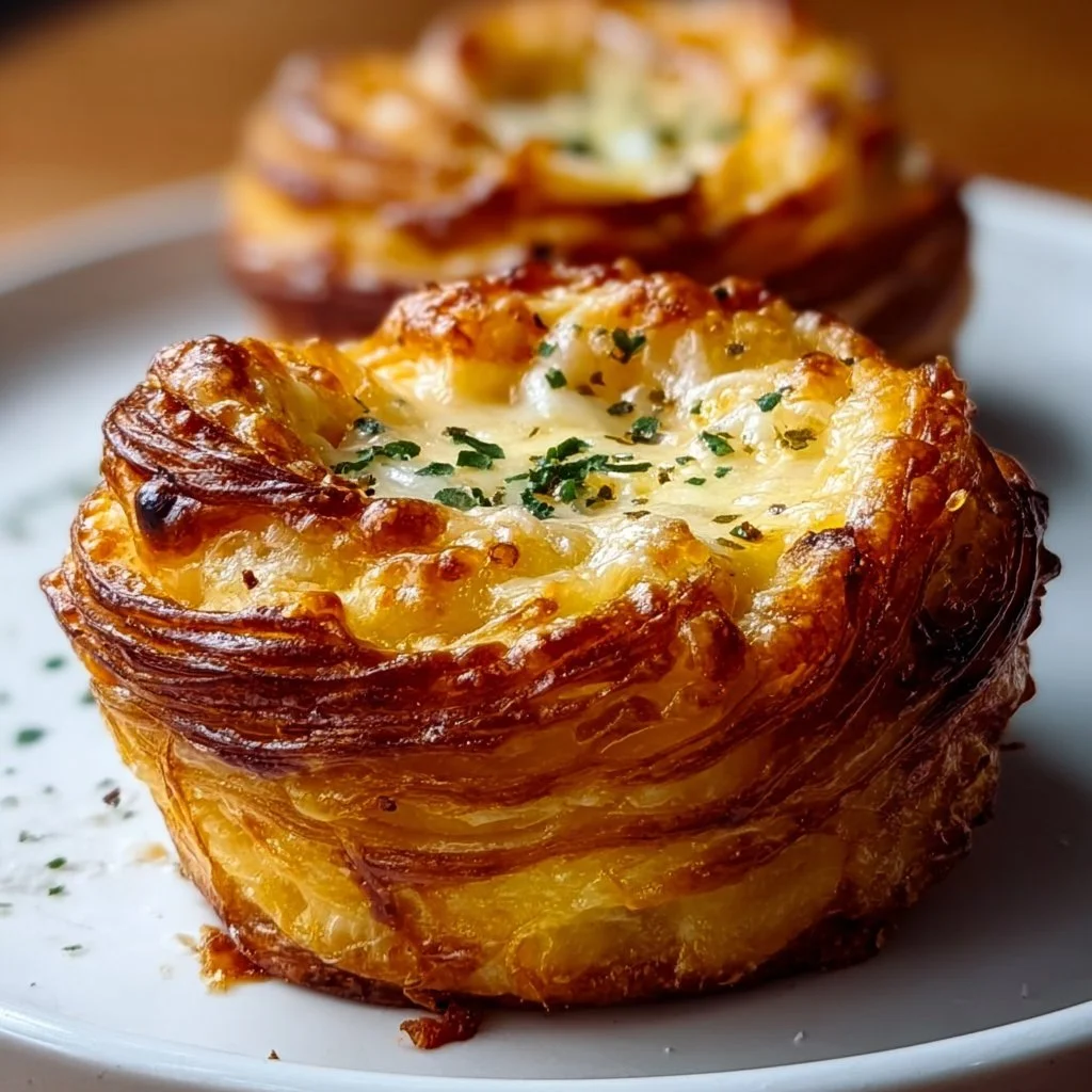 Freshly baked cheesy garlic cruffins on a wooden board