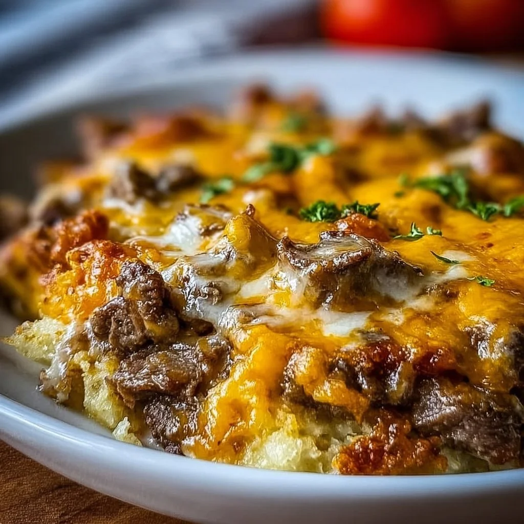 Low Carb Philly Cheesesteak Casserole topped with melted cheese and peppers