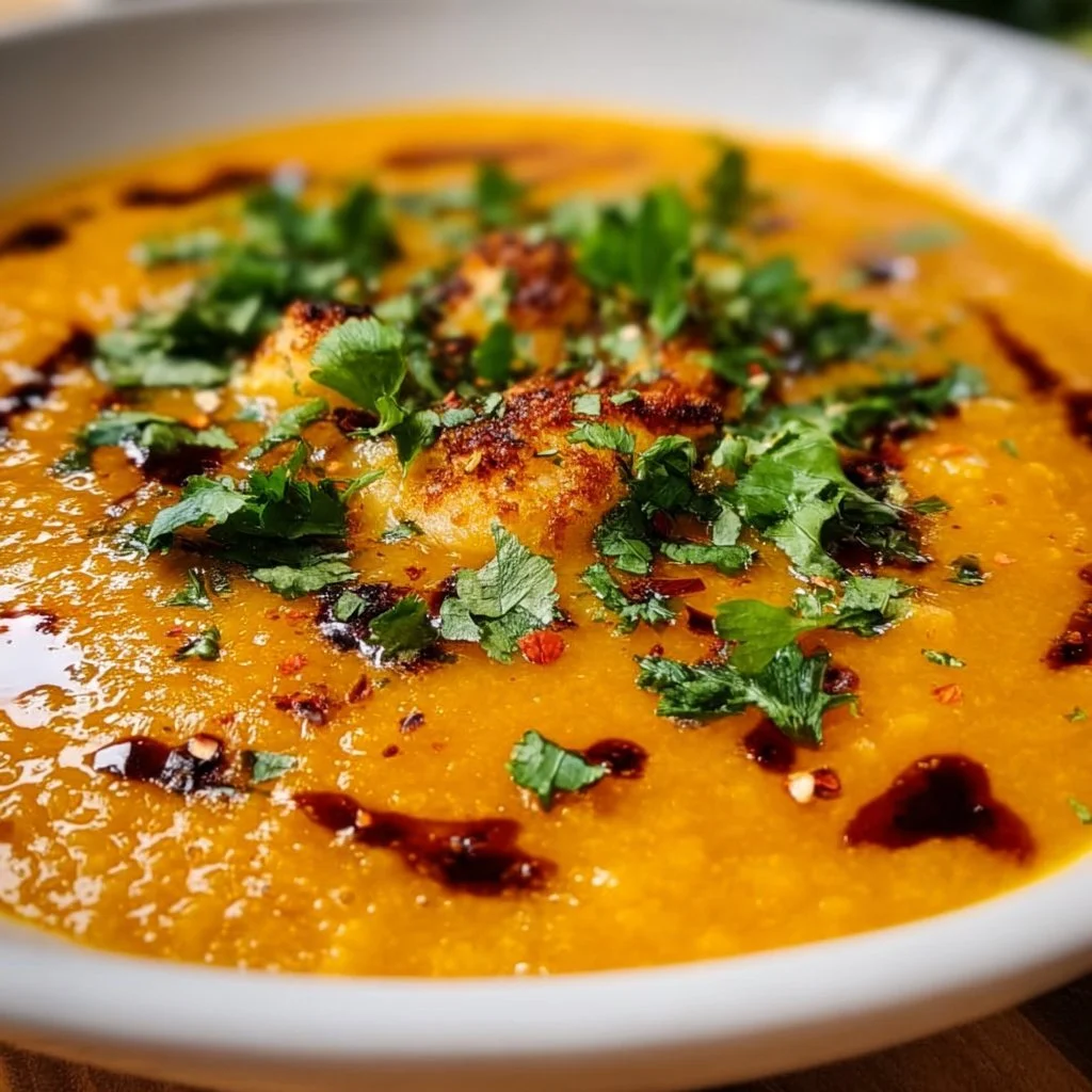 Bowl of Thai Coconut Red Lentil Soup garnished with fresh herbs