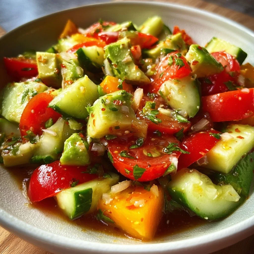 Fresh Tomato Cucumber Avocado Salad served in a bowl