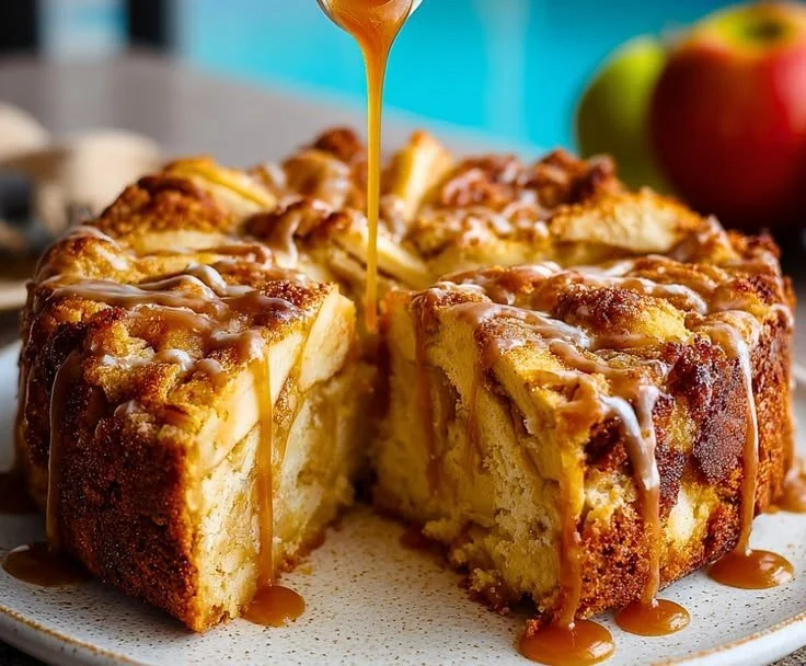 Delicious slice of the best apple cake with golden apples and cinnamon topping.