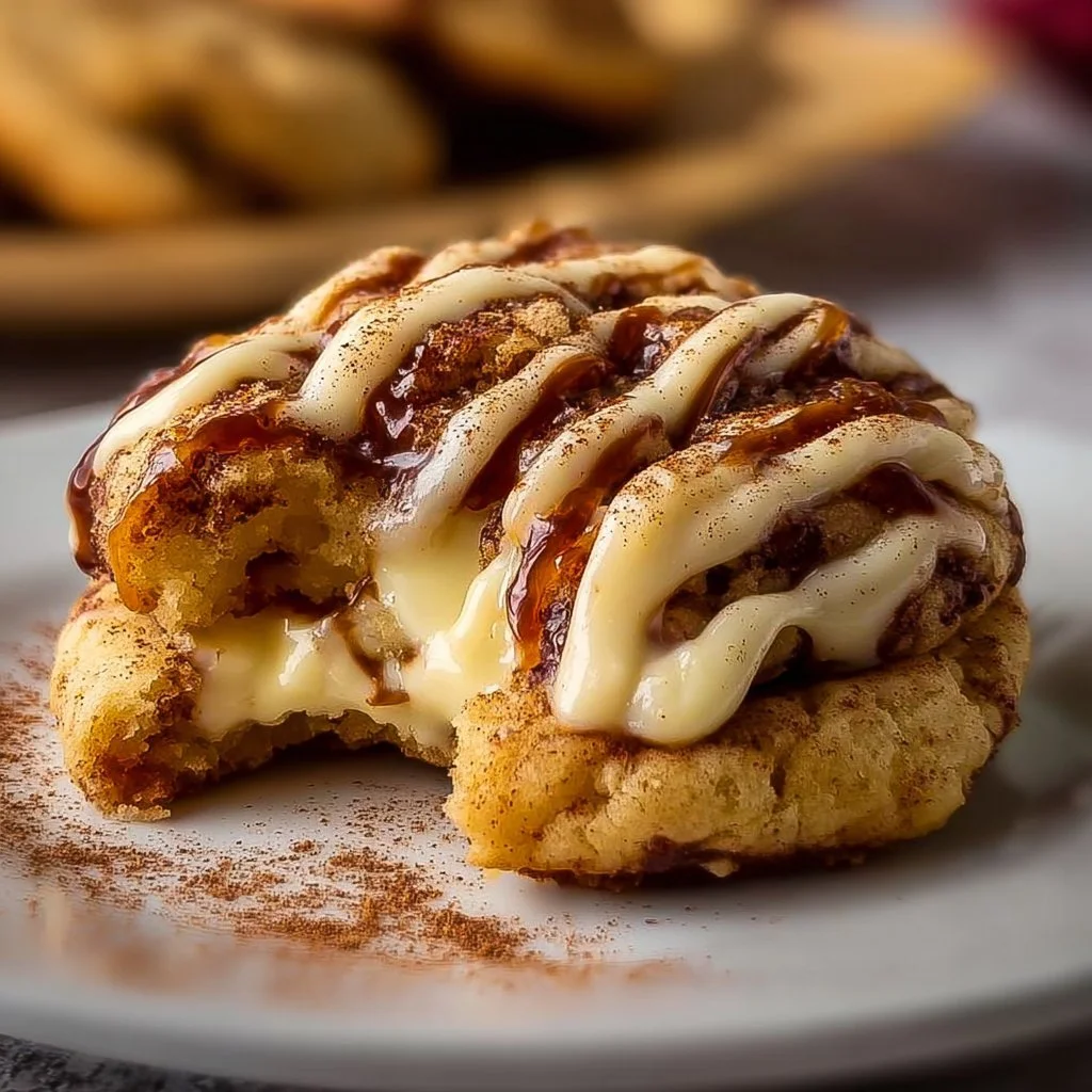Delicious cinnamon roll cheesecake cookies on a plate, drizzled with icing.