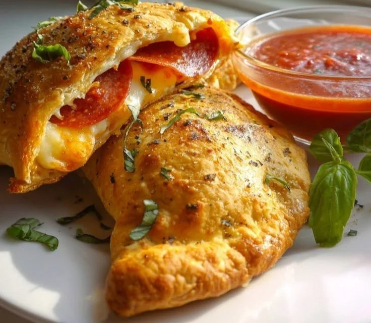 Homemade cheesy pizza pockets fresh out of the oven, golden and cheesy.