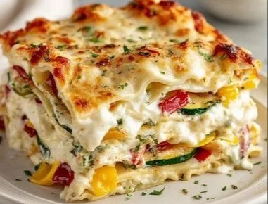 Loaded Veggie White Lasagna with layers of vegetables and cheese