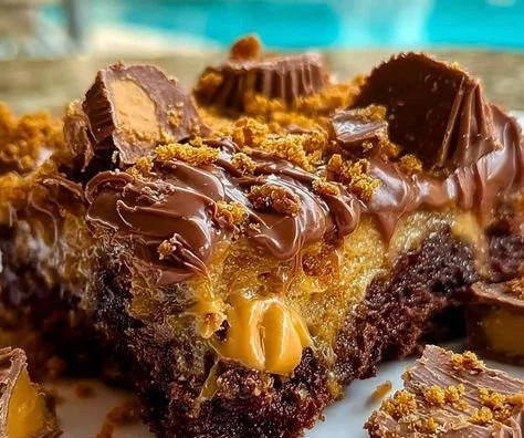 Delicious Peanut Butter Cup Dump Cake served with chocolate and peanut butter sauce