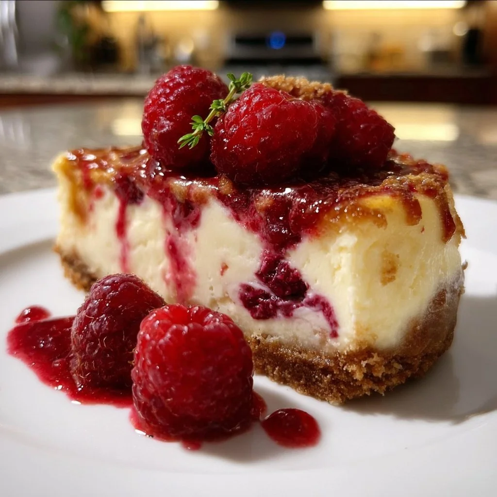 Delicious white chocolate raspberry cheesecake topped with fresh raspberries